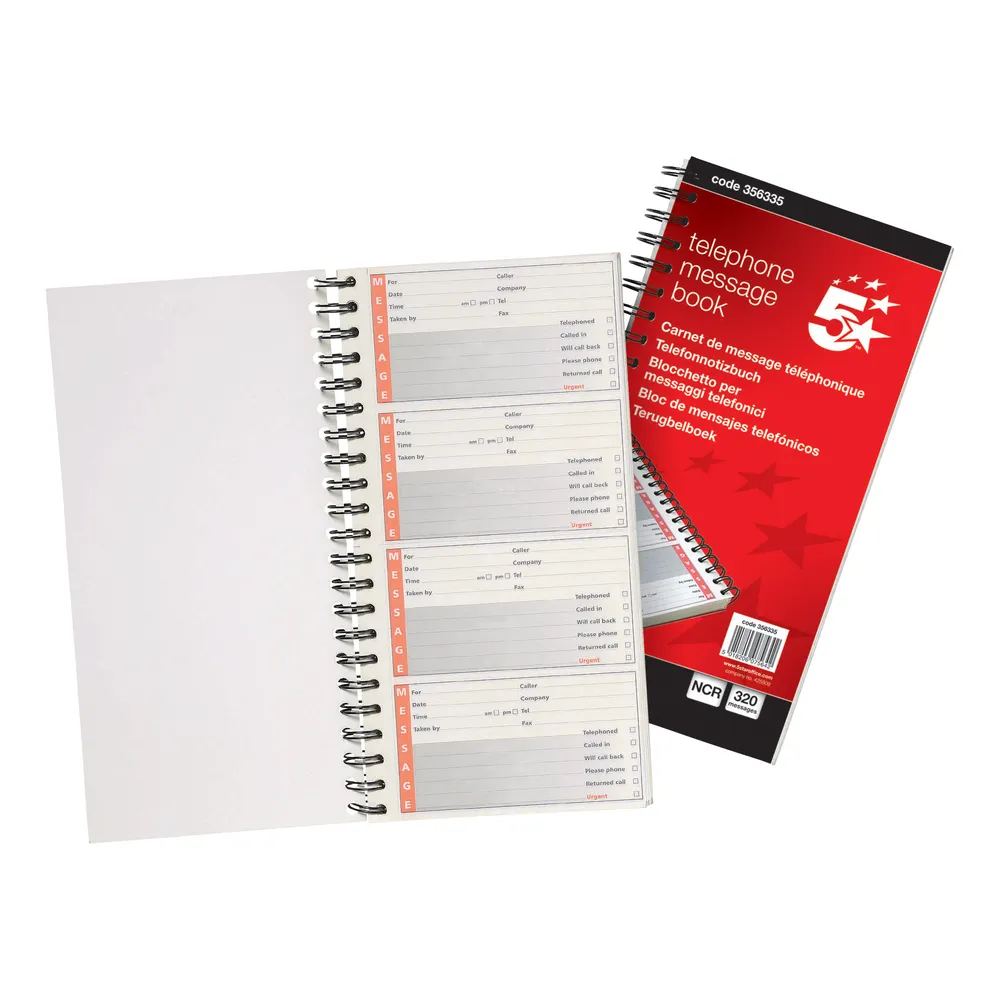 356335_01 5 Star Telephone Message Book Wirebound Carbonless 320 Notes 80 Pages 275x150mm 356335 - Image 1